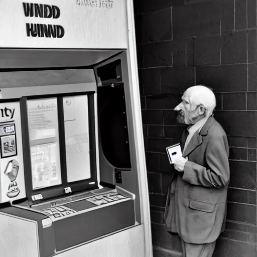 Prompt: B&W photo of an old man looking for help as his hand is stuck in an ATM