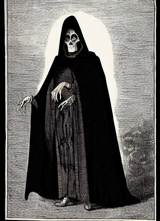 Prompt: fineart illustration of the necromancer, wearing a black cloak, crisp