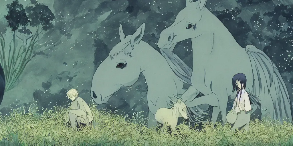 Image similar to ginko showing a new horse mushi, mushishi by mutsumi akasaki, studio ghibli, artgem, mutsumi akasaki, shinkai, makoto, wallpaper splash art promo art