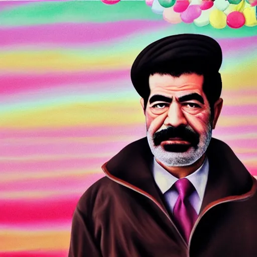 Image similar to professional portrait of saddam hussein wearing a pink puffy jacket and a bucket hat, rainbow background, 8 k, very detailed, very intricate,