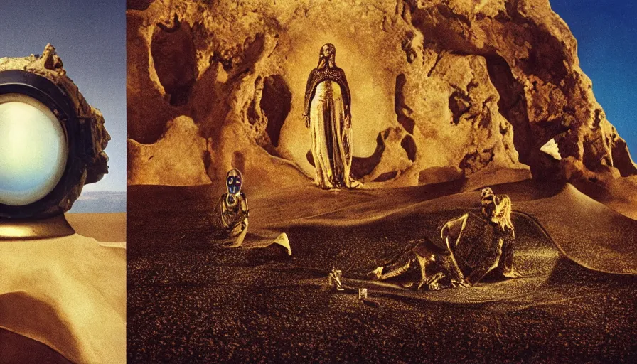 Image similar to salvador dali and bene gesserit in full - face golden glowing mask in a black rocky desert landscape with alien abandoned city beneath the sand and giant alien spaceship in the sky attacks the earth by christopher doyle and alejandro jodorowsky, anamorphic lens, kodakchrome, cinematic composition, very detailed photo, 8 k,