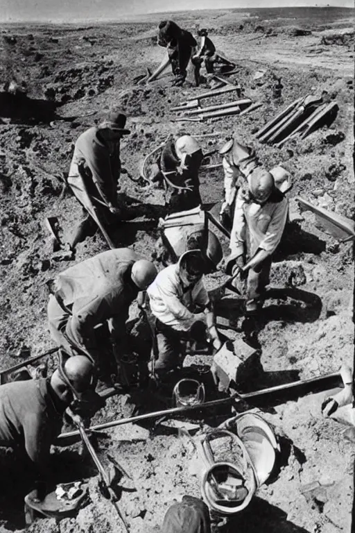 Prompt: team of archeologists digging up an ancient futuristic space craft, historical photograph from the 1940s