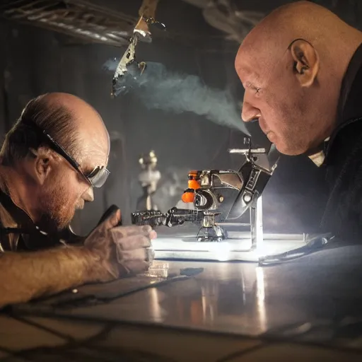 Prompt: inspecting intricate gun made from rusted cutlery, balding older cyborg with jeweller's loupe for eyes, with orange led light, smoking soldering iron, dark messy cluttered workshop, dark, dramatic lighting, cinematic, highly detailed, sci - fi, futuristic, movie still from blade runner