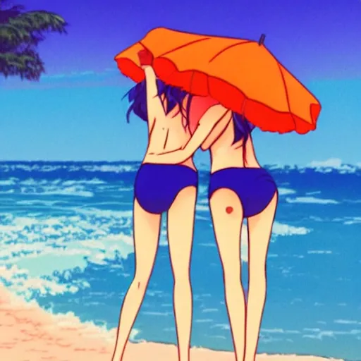 Prompt: two girls in swimsuits at the beach hugging, sprite, vaporwave nostalgia, directed by beat takeshi, visual novel cg, 8 0 s anime vibe, kimagure orange road, maison ikkoku, sketch by osamu tezuka, directed by makoto shinkai and beat takeshi