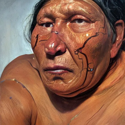 Prompt: high quality high detail painting by lucian freud and jenny saville, hd, full body of a indigenous tribe leader, photorealistic lighting