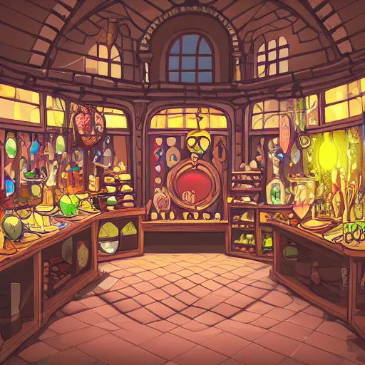 Image similar to inside a magical item shop, fantasy potion vendor interior, ufotable studio art style, wide angle, gothic interior