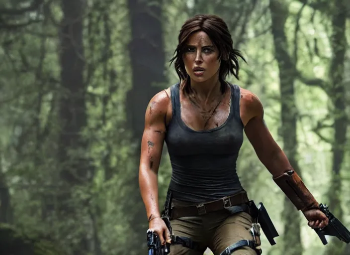 Image similar to film still of!!!! chloe bennett!!! as lara croft in new tomb raider movie, 8 k