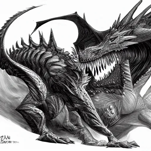 Image similar to a fusion between a dragon, dinosaur and wolf. Epic Fantasy Art, 4k. Detailed drawing, Trending on Art station.