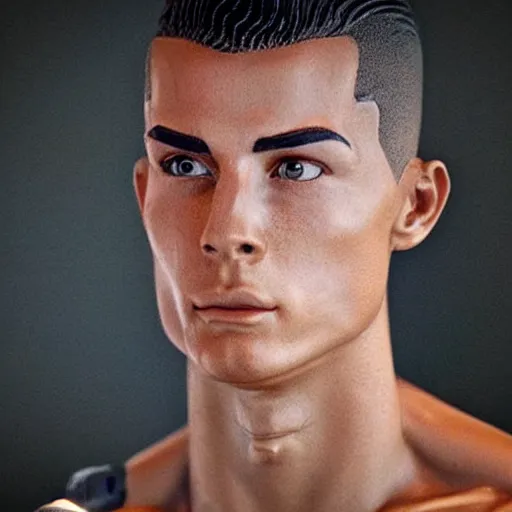 Image similar to “a realistic detailed photo of a guy who is an attractive humanoid who is half robot and half humanoid, who is a male android, Cristiano Ronaldo, shiny skin, posing like a statue, blank stare”