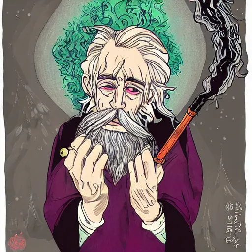 Prompt: Galdalf smoking from his pipe in manga style, lots of smoke, psychedelic colours