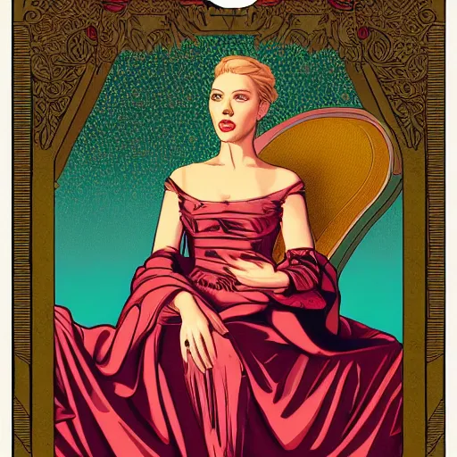 Prompt: Scarlett Johansson in a renaissance dress, tarot card, highyl detailed, 4k, digital art by Kilian Eng