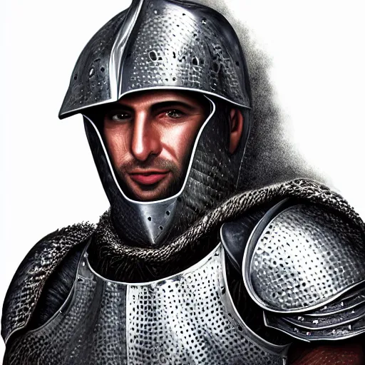 Prompt: head and shoulders portrait of bachir gemayel, knight armor, chainmail over his shoulders and muscle joints, without any helmet, pure face, steel sword, bachir gemayel, by artgerm, face detail, extremely detailed, digitial illustration