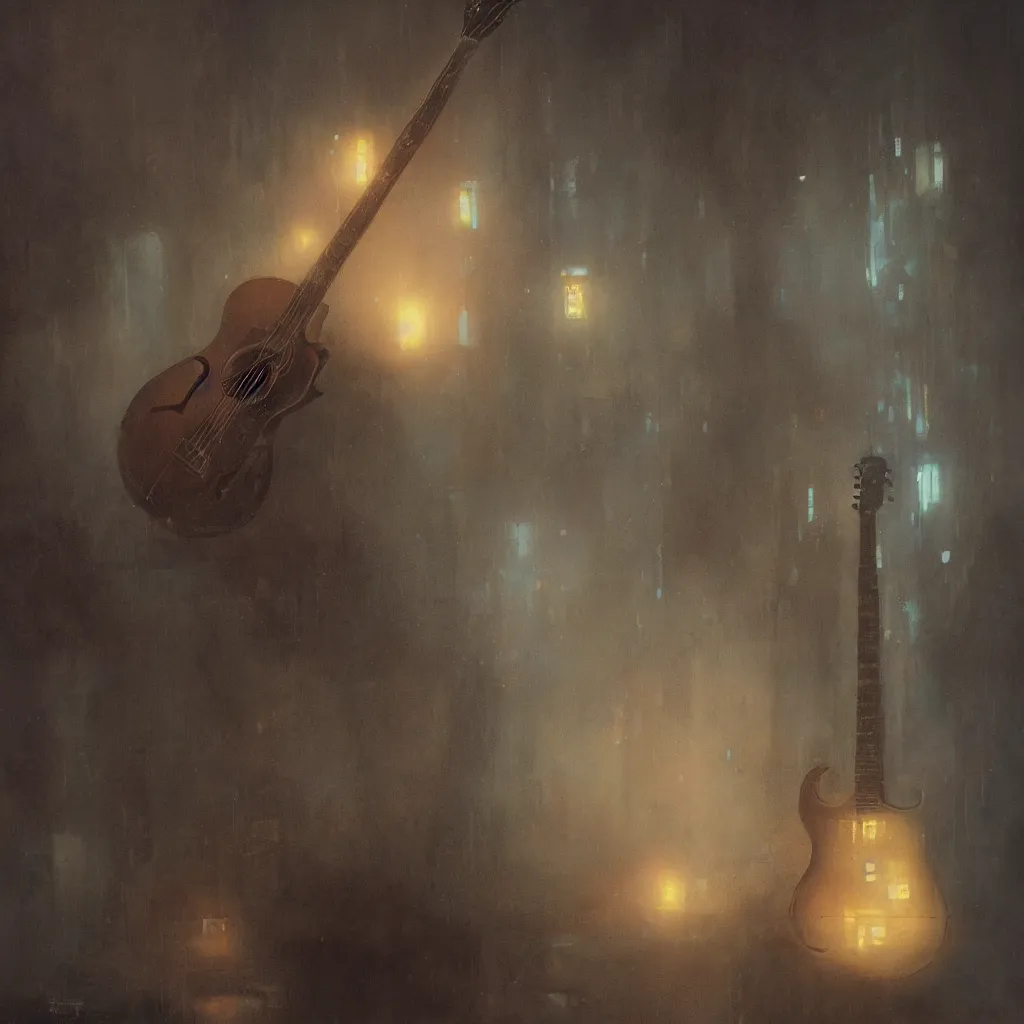 Prompt: clear guitar, intact guitar, magical area, classic guitar, blade runner, foggy area, by greg rutkowski