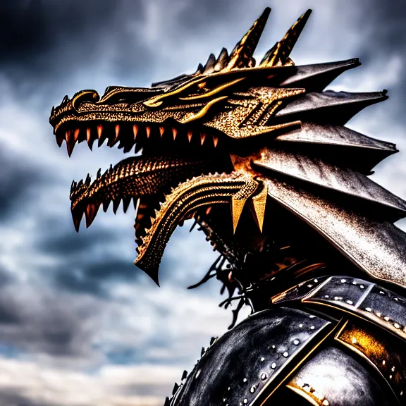 Image similar to photo of a warrior with metal dragon theme armour, 4 k, hdr, smooth, sharp focus, high resolution, award - winning photo