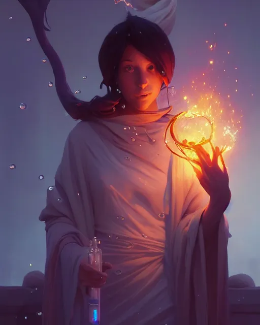 Image similar to highly detailed vfx portrait of a mage casting a water spell, unreal engine, greg rutkowski, loish, rhads, beeple, makoto shinkai and lois van baarle, ilya kuvshinov, rossdraws, tom bagshaw, alphonse mucha, global illumination, detailed and intricate environment