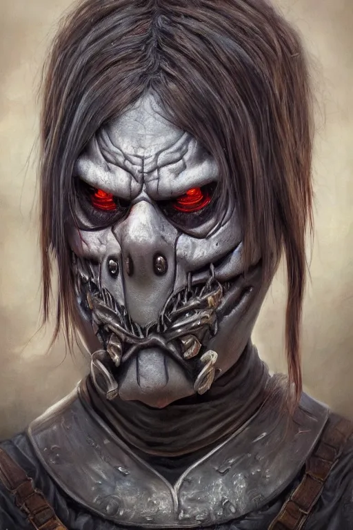 Image similar to high detail fantasy portrait oil painting illustration of slipknot by justin sweet, insane, realistic proportions, d & d, rpg, forgotten realms, artstation trending, high quality, sombre mood, artstation trending, muted colours