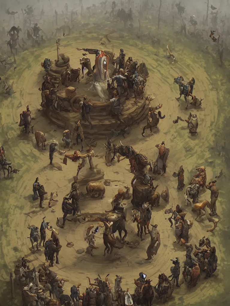 Image similar to a cowboy druid snake oil salesman standing in a circle at the bull run at the beginning of the world by peter mohrbacher and james jean