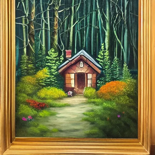 Image similar to oil painting, small house in the forest deep view, with amazing three's and fairytale around, 8 k, amazing illustration trending