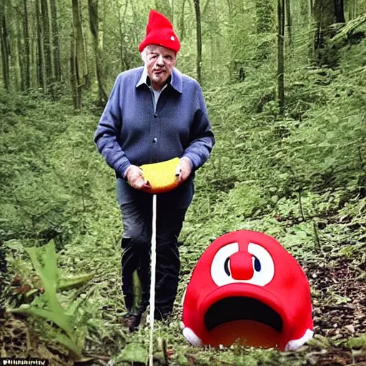 Prompt: david attenborough crawling on the ground, eyes rolled back, wearing red clothes, solid red super mario hat, eating a big red mushroom with white dots, in a forest