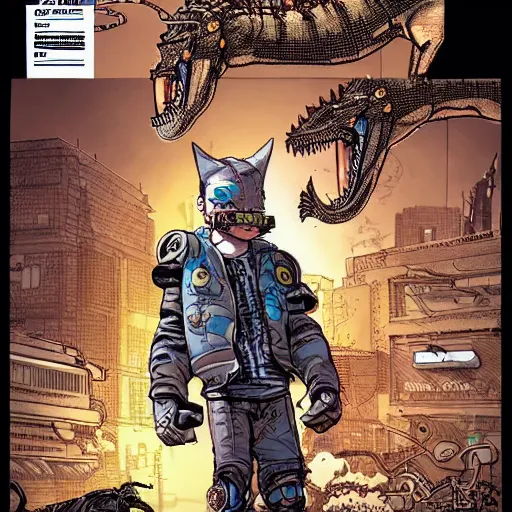 Image similar to intricate detailed full-page comic book cover illustration of a cyborg punk street kid with a pet dinosaur, no speech bubbles, cyberpunk