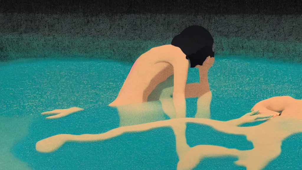 Prompt: a bather in a natural hot spring, japan, a collage painting, in the style of wes anderson, lola dupre, david hockney, isolated on negative white space background dark monochrome neon spraypaint accents volumetric octane render