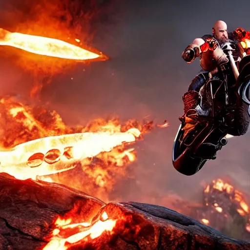 Prompt: kratos, with leviathan axe, jumping a black harley - davidson motorcycle off a cliff, cinematic render, playstation studios official media, god of war 2 0 1 8