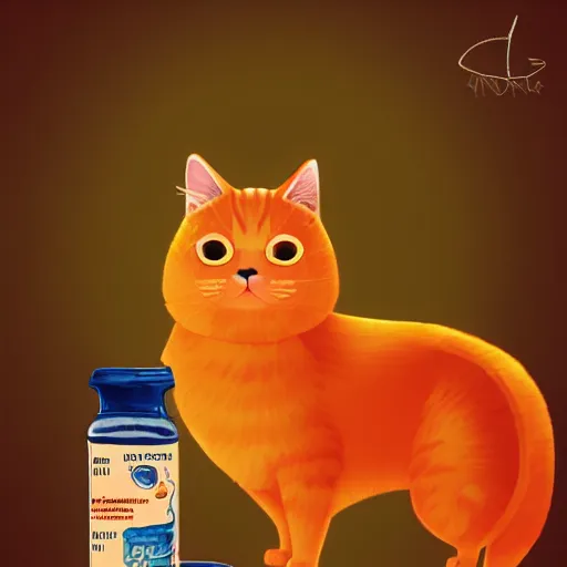 Image similar to a cat standing next to a bottle of medicine. orange cat. animal. digital art. artstation. illustration.