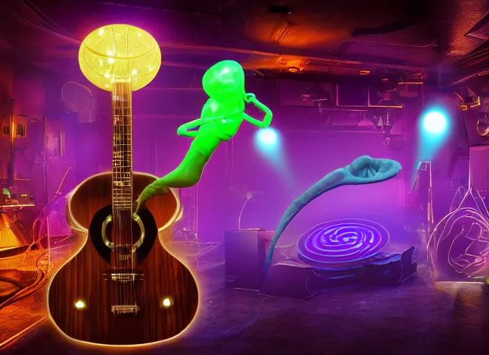 Image similar to strange surrealist detailed alien electronic-musical-instruments!! and acoustic-musical-instruments!! with blinking LEDs, backlit fog, space station lounge setting, photorealistic, studio lighting, 8k, hd