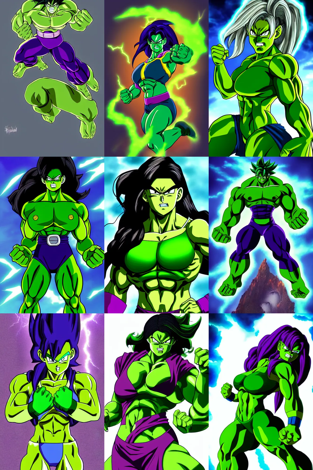 Prompt: female hulk in dragon ball z style , trending on artstation, dramatic lightning