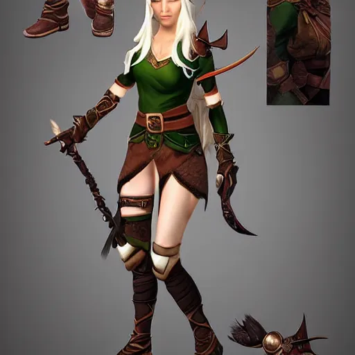 Prompt: character outfit concept of fantasy female elf ranger, trending on artstation, highly detailed