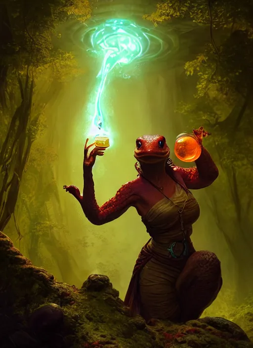 Prompt: Anthropomorphic female salamander healer with a glowing potion in her hand, DnD character, unreal engine, octane render, dramatic lighting, pond, digital art, by Stanley Artgerm Lau, greg rutkowski, thomas kindkade, alphonse mucha, loish, norman Rockwell
