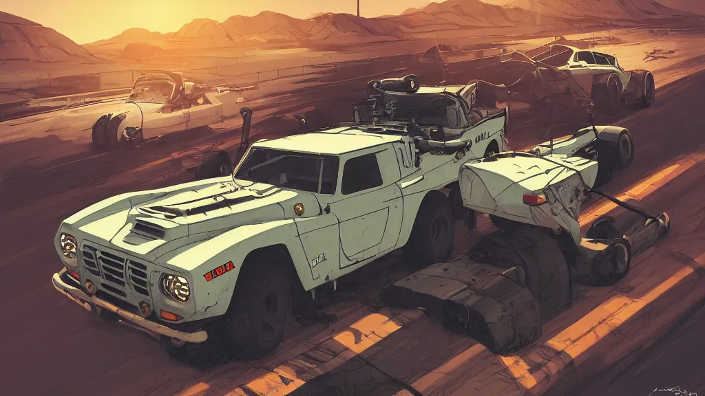 Image similar to digital illustration of mad max's fj 4 0 pursuit special, the last v 8 interceptor driving down a deserted valhalla highway in the middle of the day by studio ghibli, anime style year 2 0 9 3, by makoto shinkai, ilya kuvshinov, lois van baarle, rossdraws, basquiat