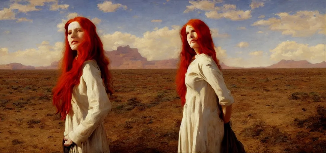 Prompt: portrait of a nurse with long red hair, blazing sun, in a huge desert, fantasy by emile friant