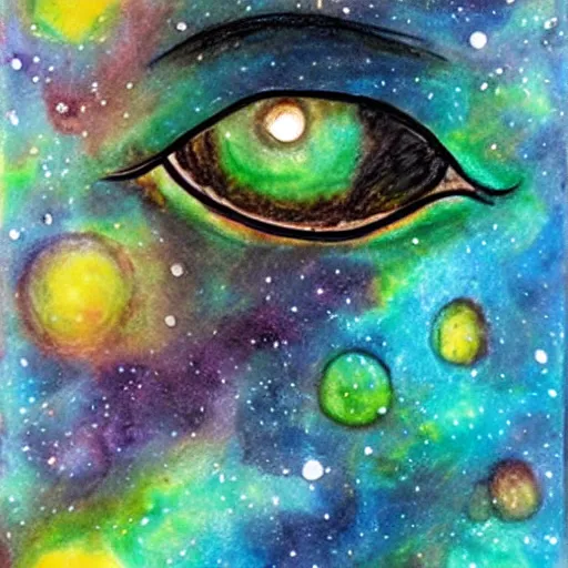 Prompt: a gigantic eye floats in space observing a galaxy, mixed media, pencil and watercolor