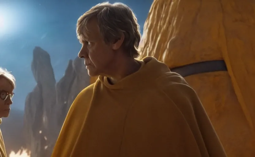 Prompt: cinematic still image screenshot portrait of luke skywalker in yellow cape talking to maz kanata diplomatic, dramatic scene from force awakens crisp 4 k 7 0 mm imax, moody iconic scene, directed by jj abrams, beautiful backlit, planet