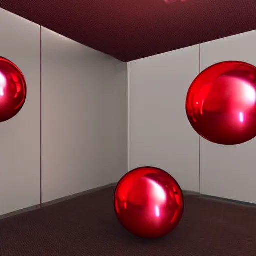 Prompt: chrome spheres on a red cube, atmospheric