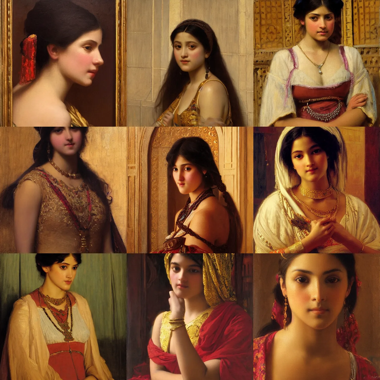 Prompt: orientalism painting of a cute young woman in a palace face detail brown skin by edwin longsden long and theodore ralli and nasreddine dinet and adam styka, masterful intricate art. oil on canvas, excellent lighting, high detail 8 k