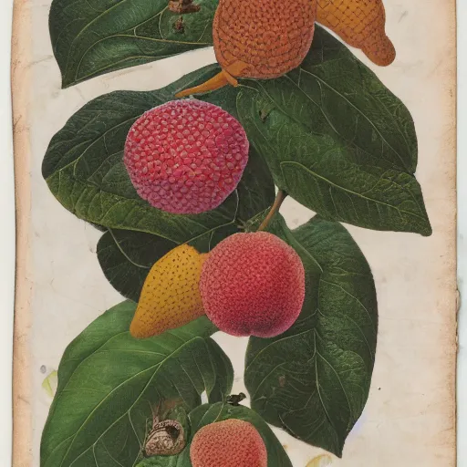 Prompt: a lumpy fruit full of seeds covered with tiny hairs, maria sibylla merian