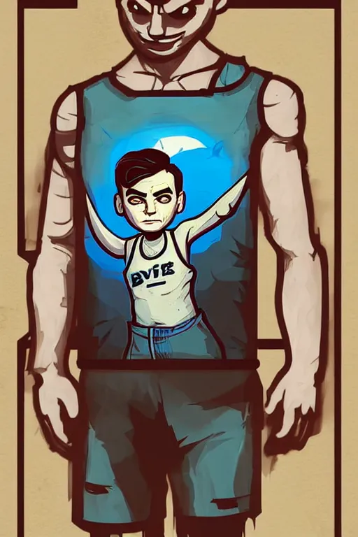 Prompt: boy with singlet tshirt and towel on shoulder, paper please art style, bioshock infinite art style, gta chinatown wars art style, pop art, proportional, digital arts, artstation, concept arts, smooth, sharp focus, illustration, intricate, hyperdetails, art by banksy and mimmo rottela, pixels art by paul robertson