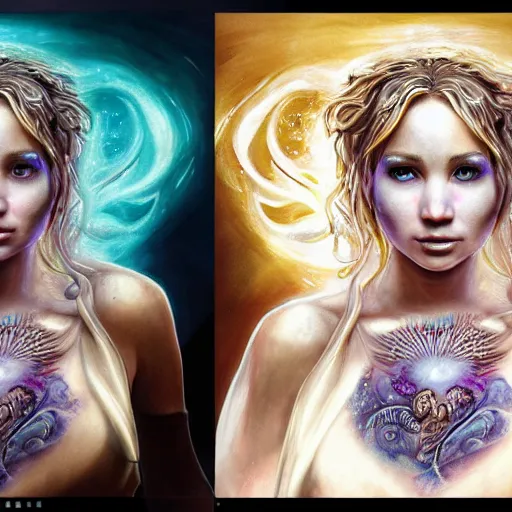 Image similar to a wlop 3 d render of very very very very highly detailed beautiful mystic portrait of a phantom cthulu priestess jennifer lawrence with whirling galaxy around, tattoos by anton pieck, intricate, extremely detailed, digital painting, artstation, concept art, smooth, sharp focus, illustration, intimidating lighting, incredible art,