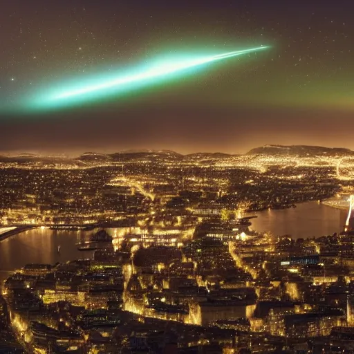 Prompt: oslo city being attacked by aliens, hyperrealistic, nighttime, 8k