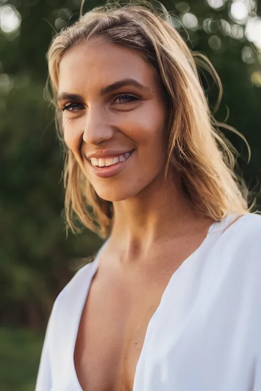 Image similar to olive skinned female model in her thirties, wearing white dress, focused on neck, photo realistic, extreme detail skin, natural beauty, smiling, no filter, slr, golden hour, 4 k, high definition, selfie