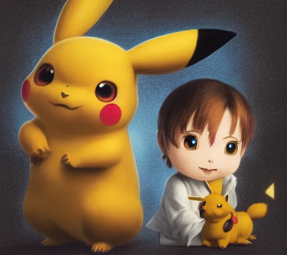 Image similar to epic fantasy comic book style portrait painting of a giant feral pikachu holding a tiny misty from pokemon, by mark ryden and pixar and hayao miyazaki, unreal 5, daz, hyperrealistic, octane render, cosplay, rpg portrait, dynamic lighting, intricate detail, cinematic