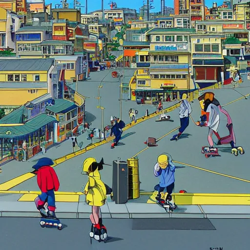 Image similar to city street, sloped street, city on tall hillside, street scene, rollerbladers grinding on rails, skaters, rollerskaters, cel - shading, 2 0 0 1 anime, flcl, jet set radio future, golden hour, japanese town, concentrated buildings, japanese neighborhood, electrical wires, cel - shaded, strong shadows, vivid hues, y 2 k aesthetic