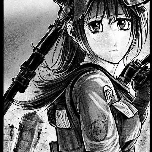 Image similar to manga style, black line art, portrait of girl, under artillery fire, trench sandbags in background, soldier clothing, military gear, short hair, hair down, symmetrical facial features, realistic face, 4 k, detailed drawing, mangadex, by kentaro miura