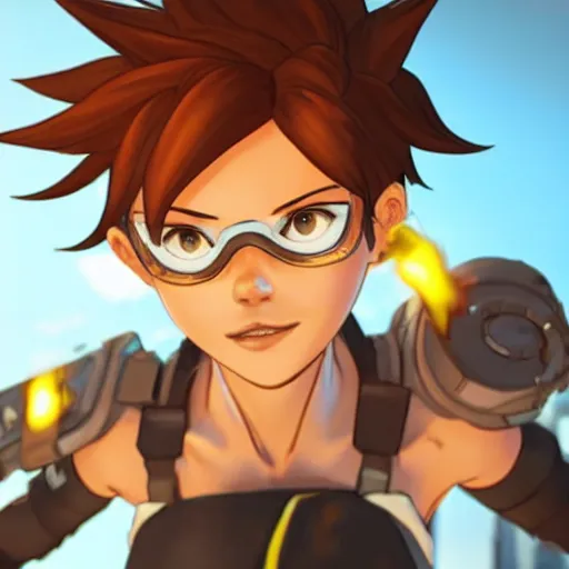 Prompt: tracer, standing on rooftop, 4 k, detailed, smiling at camera, detailed eyes, confident stance, detailed face, feminine face, burning exploding city in background
