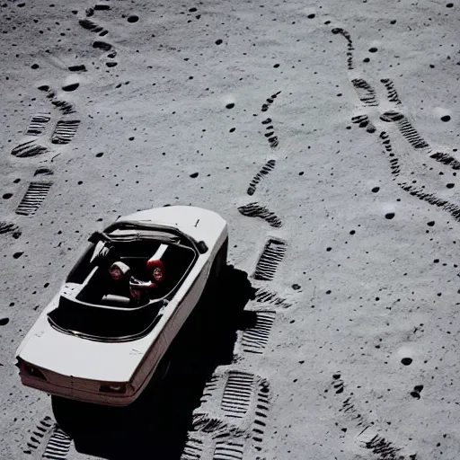 Image similar to photo of astronaut driving a convertible car on the moon, 3 5 mm, full - hd