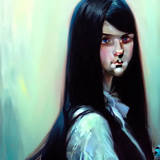 Image similar to portrait of teenage girl with long glossy black hair, blue eyes, glowing skin, fashion model features, fantasy, intricate, elegant, dress shirt and tie, highly detailed, digital painting, artstation, concept art, smooth, sharp focus, illustration, art by Krenz Cushart and Artem Demura and alphonse mucha
