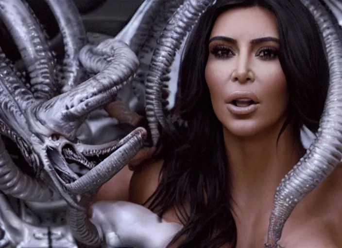 Image similar to film still of kim kardashian being ingested by an xenomorph, alien goo, transparent goo, transparent liquid, saliva, 8 k