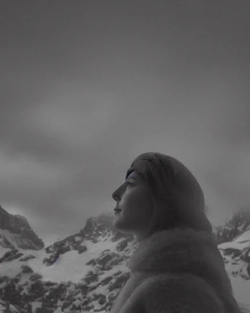 Image similar to a woman's face in profile, made of a snow capped Swiss mountain, in the style of the Dutch masters and Gregory Crewdson, dark and moody